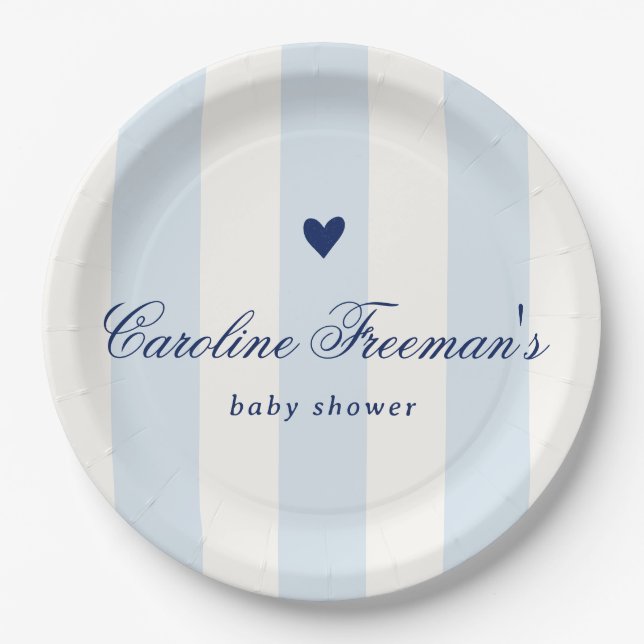 Assiettes En Carton Modern Blue Stripe Heart Valentine Baby Shower (Devant)