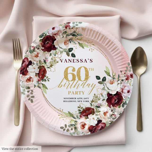 Assiettes En Carton Modern Boho Burgundy Gold Floral 60th Birthday  (Modern Boho Burgundy Gold Floral 60th Birthday Plates)