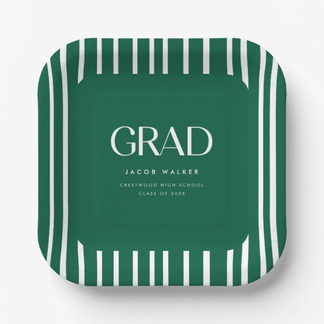 Assiettes En Carton Modern Bold Green Striped Pattern Graduation Party (Recto)
