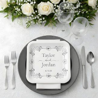 Assiettes En Carton Modern Botanical Border Custom Name Wedding 