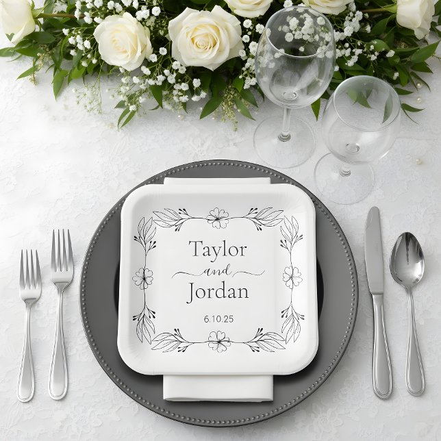 Assiettes En Carton Modern Botanical Border Custom Name Wedding  (Créateur téléchargé)