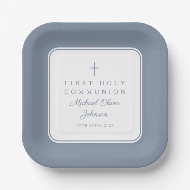 Assiettes En Carton Modern Dusty Blue Cross Boy First Communion (Recto)