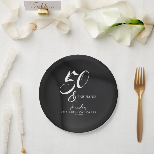 Assiettes En Carton Modern Elegant Black White Fifty Fabulous Birthday (Mariage)