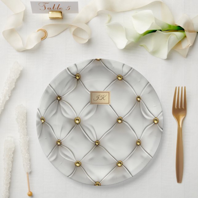Assiettes En Carton Modern Elegant White Leather Tufted Gold (Mariage)