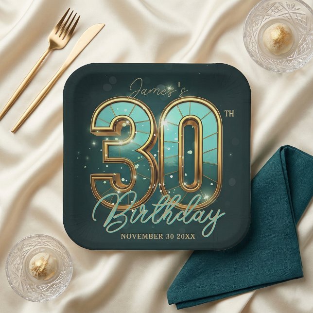 Assiettes En Carton Modern Emerald Green Gold Typography 30th Birthday (Créateur téléchargé)