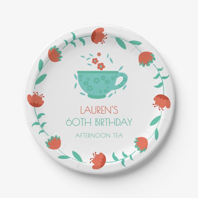 Assiettes En Carton Modern Floral Birthday - Tea Party Paper Plate (Devant)