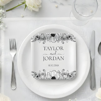 Assiettes En Carton Modern Floral Botanical Border Wedding