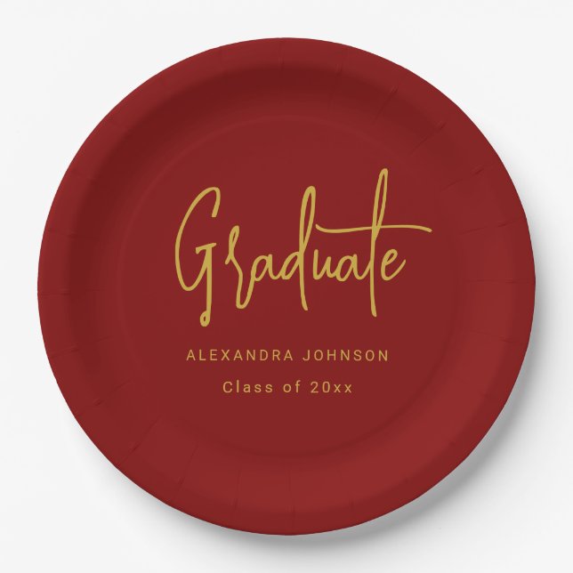 Assiettes En Carton Modern Gold Script Graduation Party Red Custom (Devant)