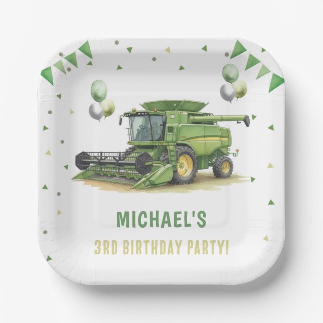 Assiettes En Carton Modern Green Farm Tractor 3rd Birthday (Recto)