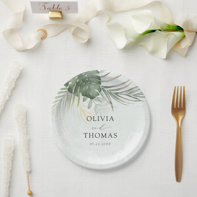 Assiettes En Carton Modern Green Monstera Tropical Wedding (Mariage)