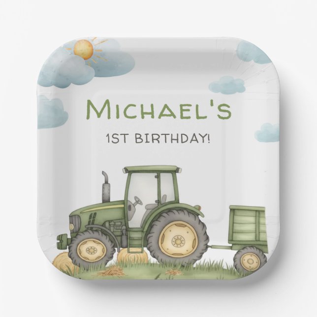 Assiettes En Carton Modern Green Tractor 1st Birthday Party (Recto)