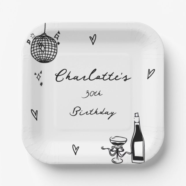 Assiettes En Carton Modern Hand Drawn disco ball 30th Birthday (Recto)