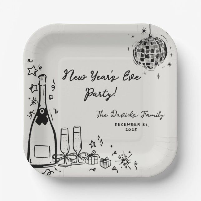 Assiettes En Carton Modern Hand Drawn New Year's Eve Party  (Recto)