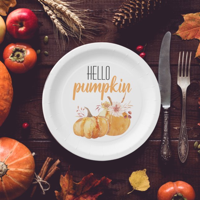 Assiettes En Carton Modern Hello Pumpkin Orange Pumpkin With Flowers (Créateur téléchargé)