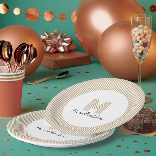 Assiettes En Carton Modern Minimal Gold Stripes Monogram  (Multi)