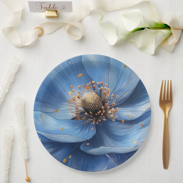 Assiettes En Carton Modern Minimalist Gold and Blue Poppy  (Mariage)