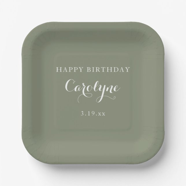 Assiettes En Carton Modern Minimalist Sage Green Birthday  (Recto)