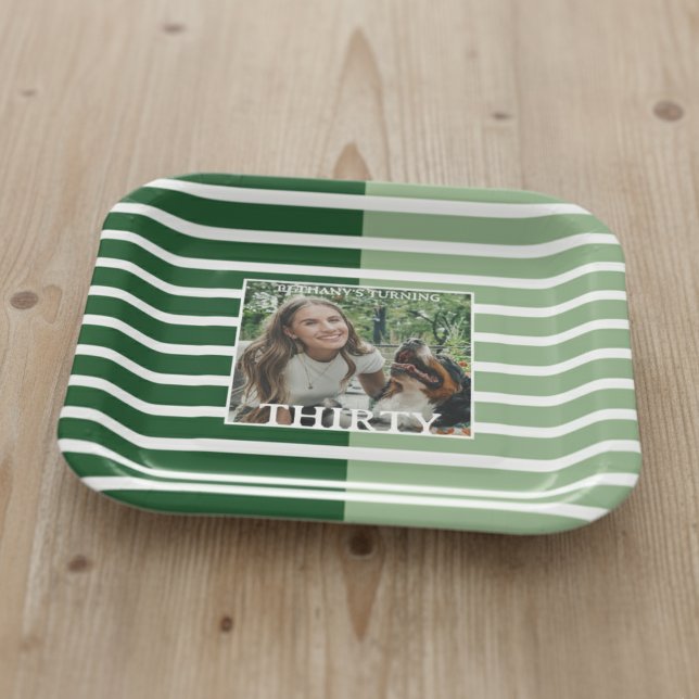 Assiettes En Carton Modern Minimalist Striped 30th Birthday Photo (Celebrate the beginning of a new decade with this Modern Minimalist Striped 30th Birthday Plate!)