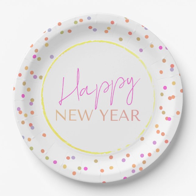 Assiettes En Carton Modern Multicolor Dots Happy New Year (Devant)