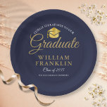 Assiettes En Carton Modern Navy Blue Gold Graduation Party<br><div class="desc">An elegant graduation party paper plate featuring your grads details set in chic typography on a navy blue background. Designed by Thisisnotme©</div>