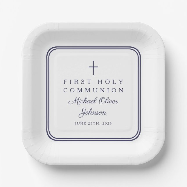 Assiettes En Carton Modern Navy Blue Religious Boy First Communion (Recto)
