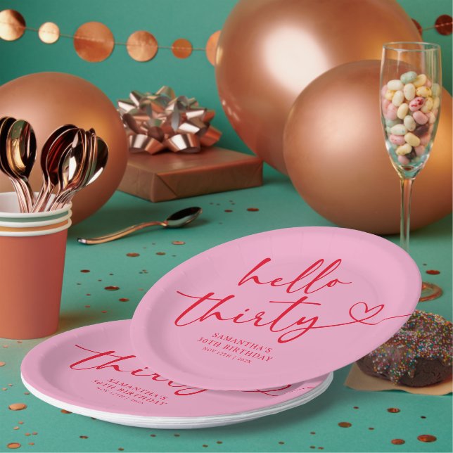 Assiettes En Carton Modern Pink and Red Hello 30th Birthday (Multi)