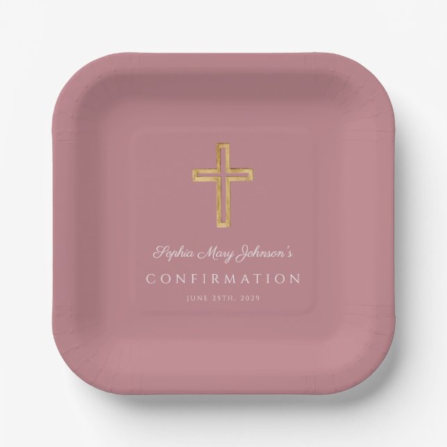 Assiettes En Carton Modern Pink Religious Cross Girl Confirmation (Recto)