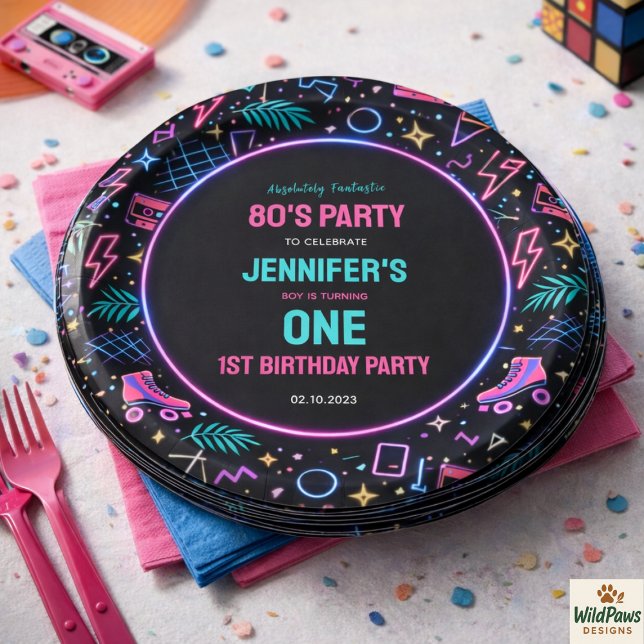 Assiettes En Carton Modern Retro Neon 80’s 1st Birthday Party (Modern Retro Neon 80’s 1st Birthday Party Paper Plates
)