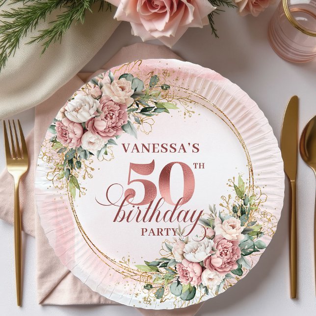 Assiettes En Carton Modern Rose Gold Greenery 50th Birthday Glitter   (Modern Rose Gold Greenery 50th Birthday Glitter Party Plates

)