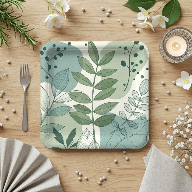 Assiettes En Carton Modern Sage Green Botanical Leaf Pattern (Créateur téléchargé)