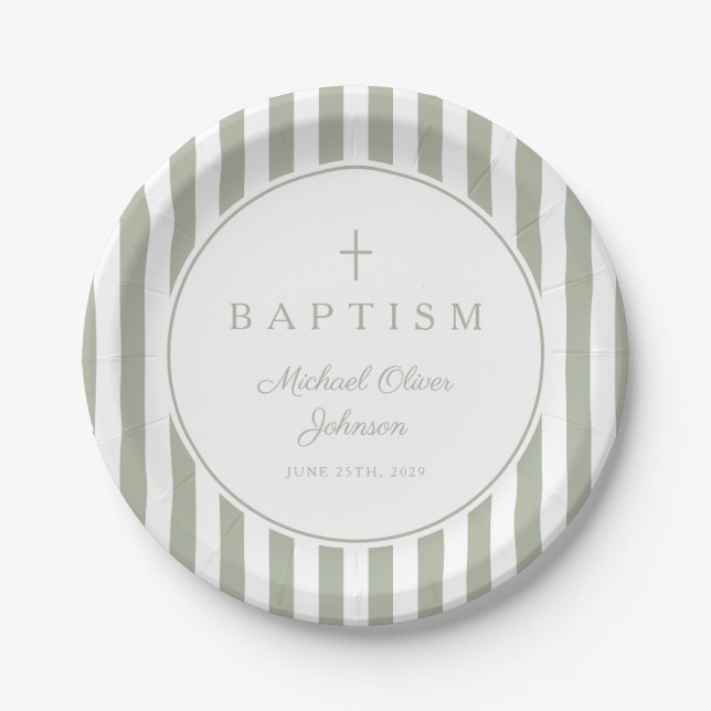Assiettes En Carton Modern Sage Green Religious Cross Baptism (Devant)