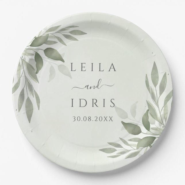 Assiettes En Carton Modern Sage Greenery Wedding Paper Plates (Devant)