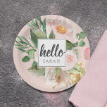 Assiettes En Carton Modern Watercolor Pink Flowers & Hello & Nom<br><div class="desc">Modern Watercolor Pink Flowers & Hello & Nom</div>
