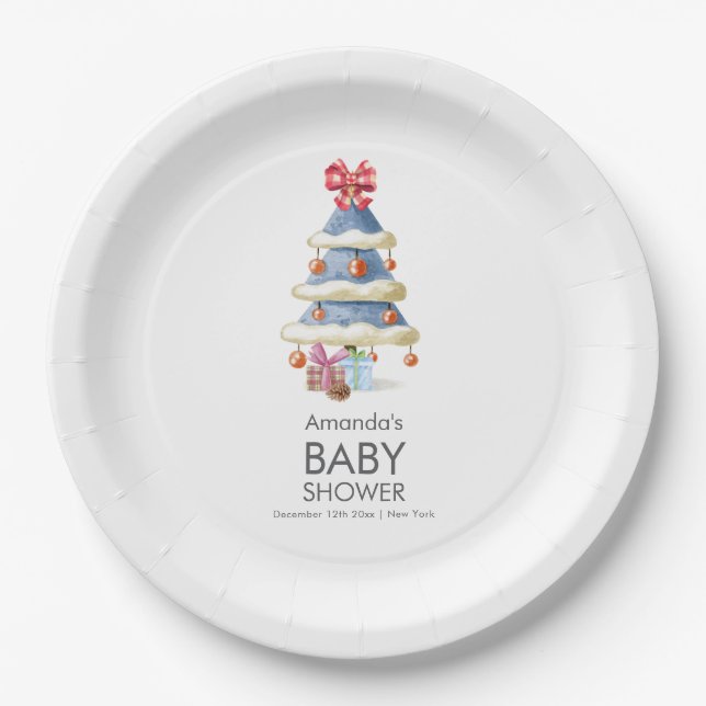Assiettes En Carton Modern Winter Bow Christmas Tree Baby Shower  (Devant)