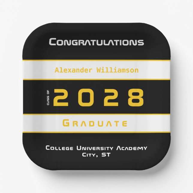 Assiettes En Carton Modern Yellow Black White Graduation Party (Recto)