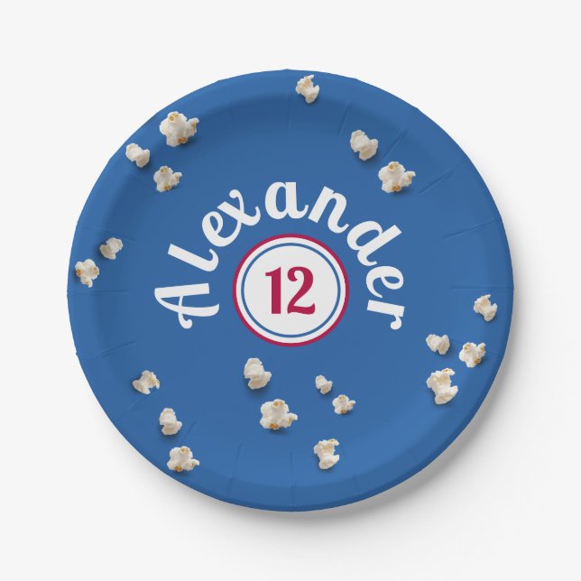 Assiettes En Carton Moderne Bleu Blanc Rouge Popcorn Cinema Boy Party (Devant)