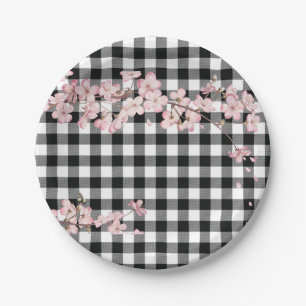 Assiettes En Carton Moderne Cerisier Fleur Buffalo Vérifie Noir et Bla