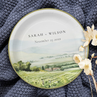 Assiettes En Carton Moderne Chic Aquarelle Vignoble Paysage Mariage