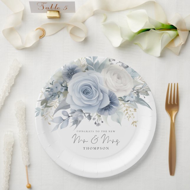 Assiettes En Carton Moderne Dusty Blue Florals Félicitations M. Mme Ma (Mariage)