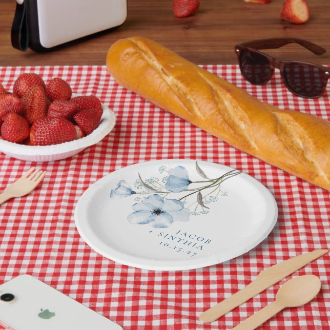 Assiettes En Carton Moderne Elegant Chic Dusty Mariage bleu (Pique-nique)