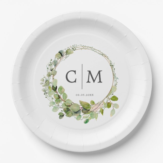 Assiettes En Carton Moderne, élégant monogramme, mariage eucalyptus (Devant)