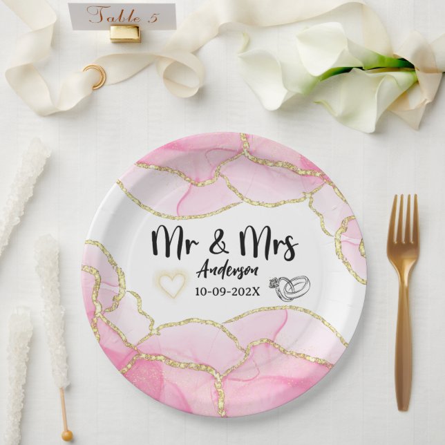 Assiettes En Carton Moderne Elegant Rose et Or M. et Mme Mariage (Mariage)