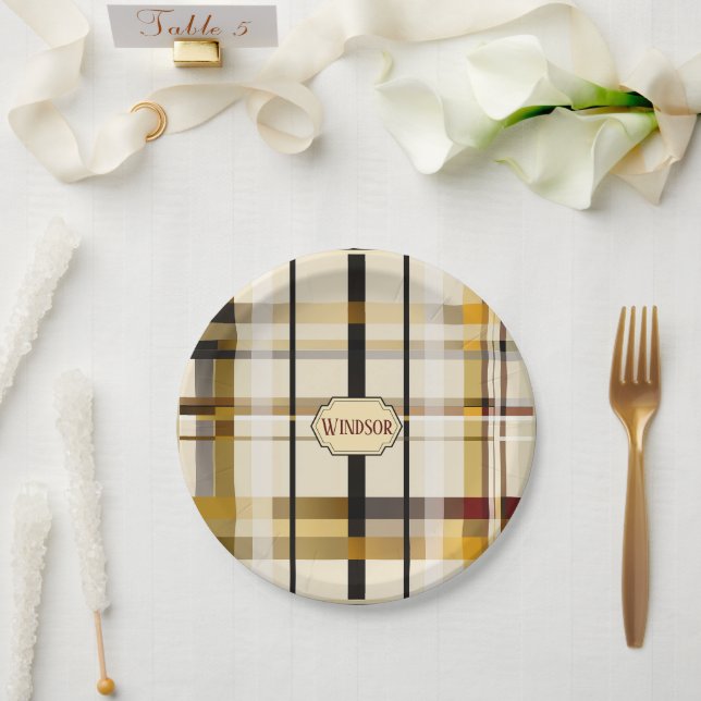 Assiettes En Carton Moderne élégante taupe et plaid doré (Mariage)