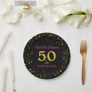 Assiettes En Carton Moderne fête d'anniversaire 50 ans Rose Noir Or