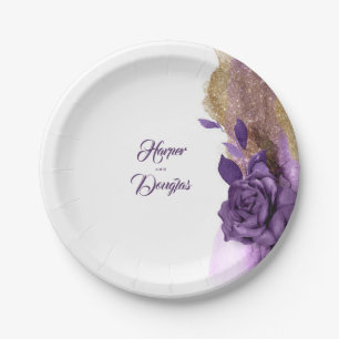 Assiettes En Carton Moderne fleurs pailletées or et violet foncé