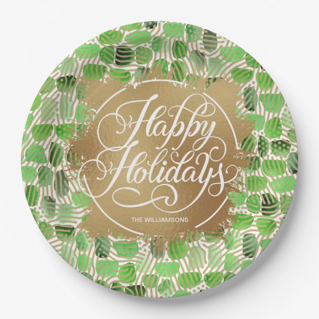 Assiettes En Carton Moderne Gold Faux Foil Joyeux Vacances Vert (Devant)