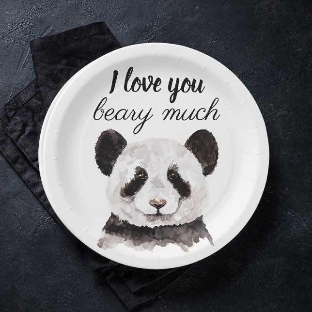 Assiettes En Carton Moderne Je T'Aime Beary Beaucoup Panda Noir Et Bla (Créateur téléchargé)