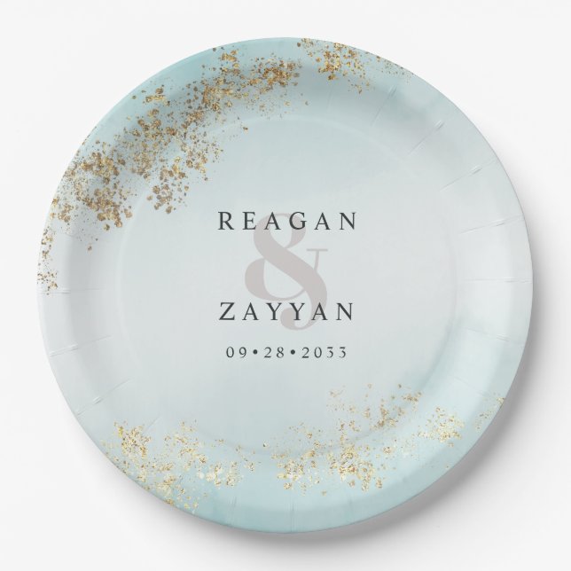 Assiettes En Carton Moderne Luxe Gold Flecks Turquoise Mist Mariage (Devant)