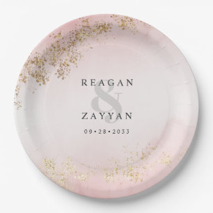 Assiettes En Carton Moderne Luxe Paillettes Dorées Mariage Brume Rose