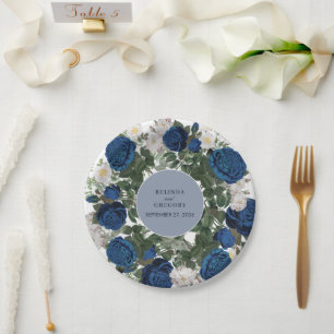 Assiettes En Carton Moderne mariage élégant aquarelle florale bleue 